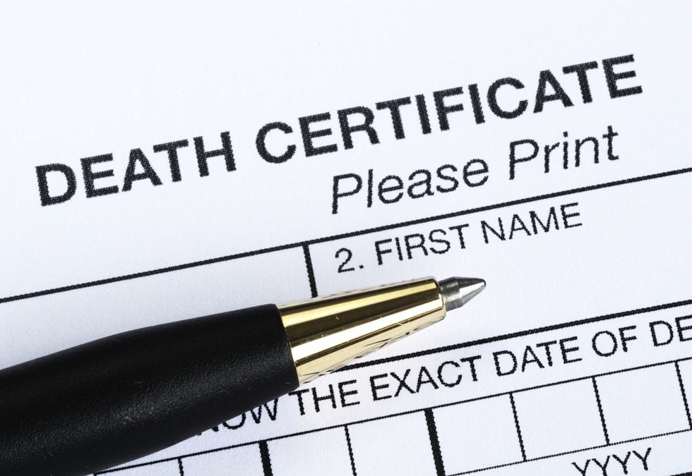Close up view of the death certificate