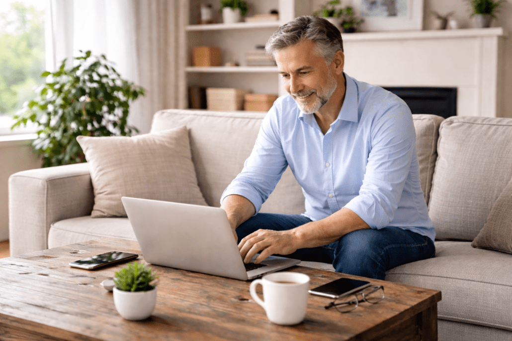 Man on computer handling digital end of life tasks